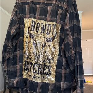 Plaid Button Down Shirt with Sequin Detail